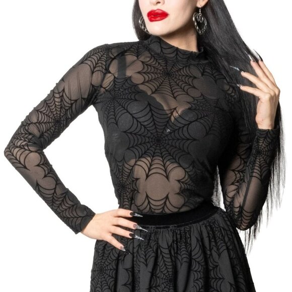 Kreepsville 666 Tops - Black Spiderweb Long Sleeve Mock Neck Blouse Top S-M-L-XL-2XL-3XL NWT